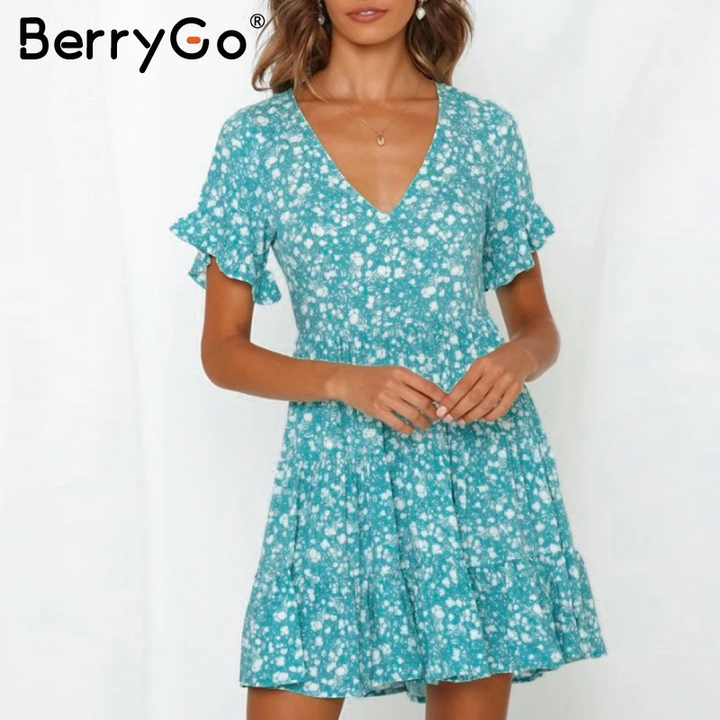 BerryGo Boho Летнее платье с цветочным принтом для женщин v-образным вырезом голубое