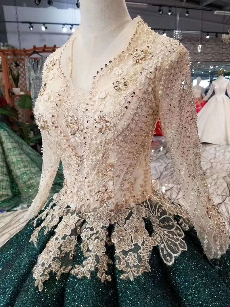 

LSS472 floor length green evening dresses ball gown v-neck long sleeves crystal ladies party dresses 2020 latest fashion design