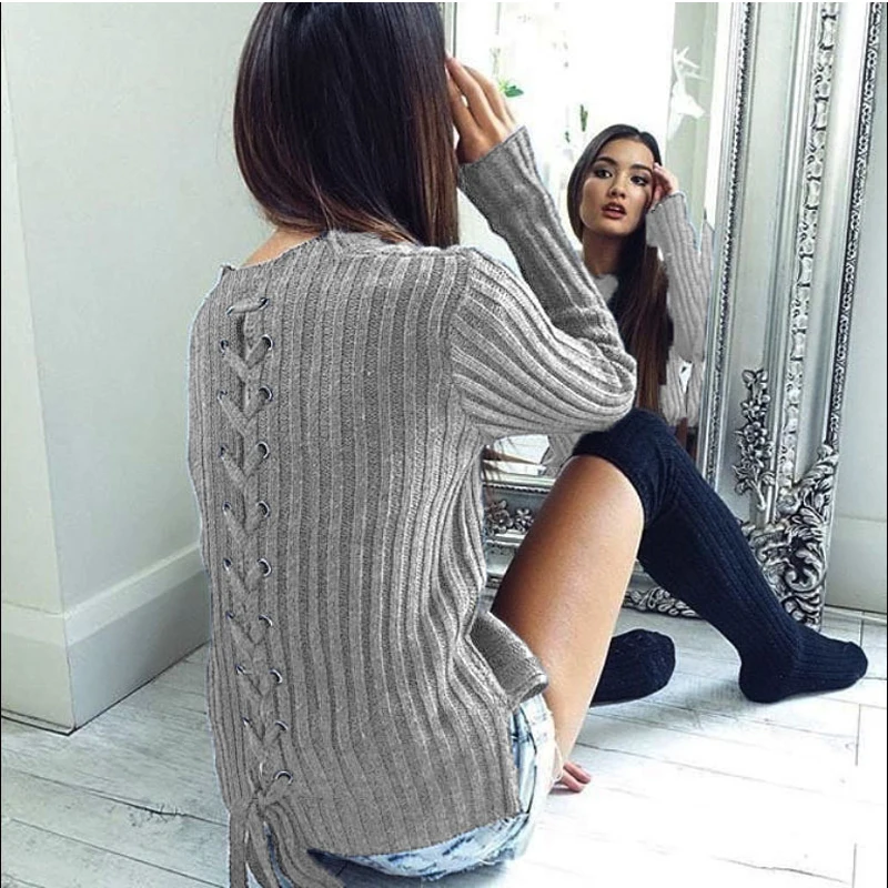 Трикотажные Зимние Женские Теплые Свитера Назад Повязку Пуловеры Осень С