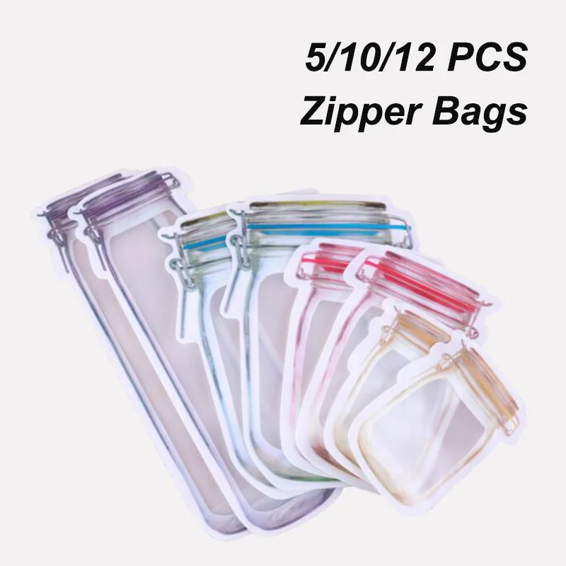 

10/12pcs Portable Mason Jar Zipper Bags Reusable Snack Leakproof Food Saver Bag Sandwich Snack Candy Storage Bag for Travel Kid