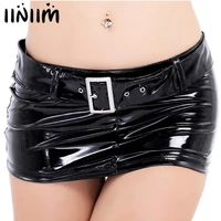 black women wetlook sexy costume party skirt patent leather short mini skirt with waist belt loops party nightwear clubwear