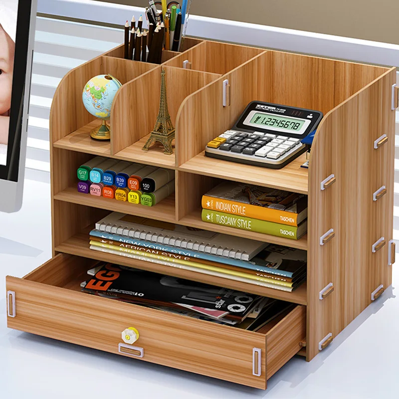 

Wooden Office Organizer Big Size Multi-Use Storage Holder for Pens/Files/Stationary DIY Storage Box with Drawer