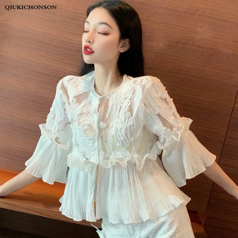 Kawaii peplum blouse tops ladies vintage pleated ruffle mesh patchwork chiffon shirt Casual summer | Женская одежда