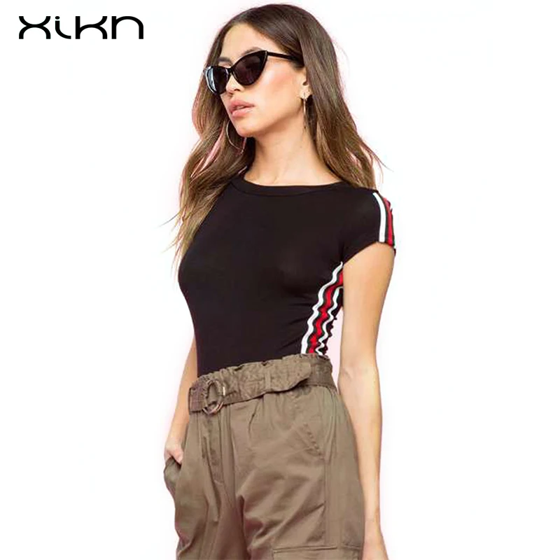XIKN летние топы для женщин 2018 bodycon рубашка женские короткий рукав o-образным