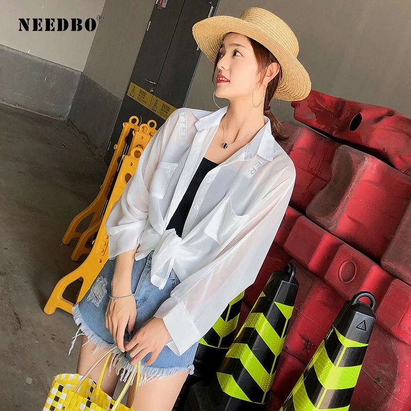 

NEEDBO Chiffon White Blouse Women Long Sleeve Casual Anti-sunburn Womens Top Blouses Women Shirts Transpare Blusas Mujer De Moda
