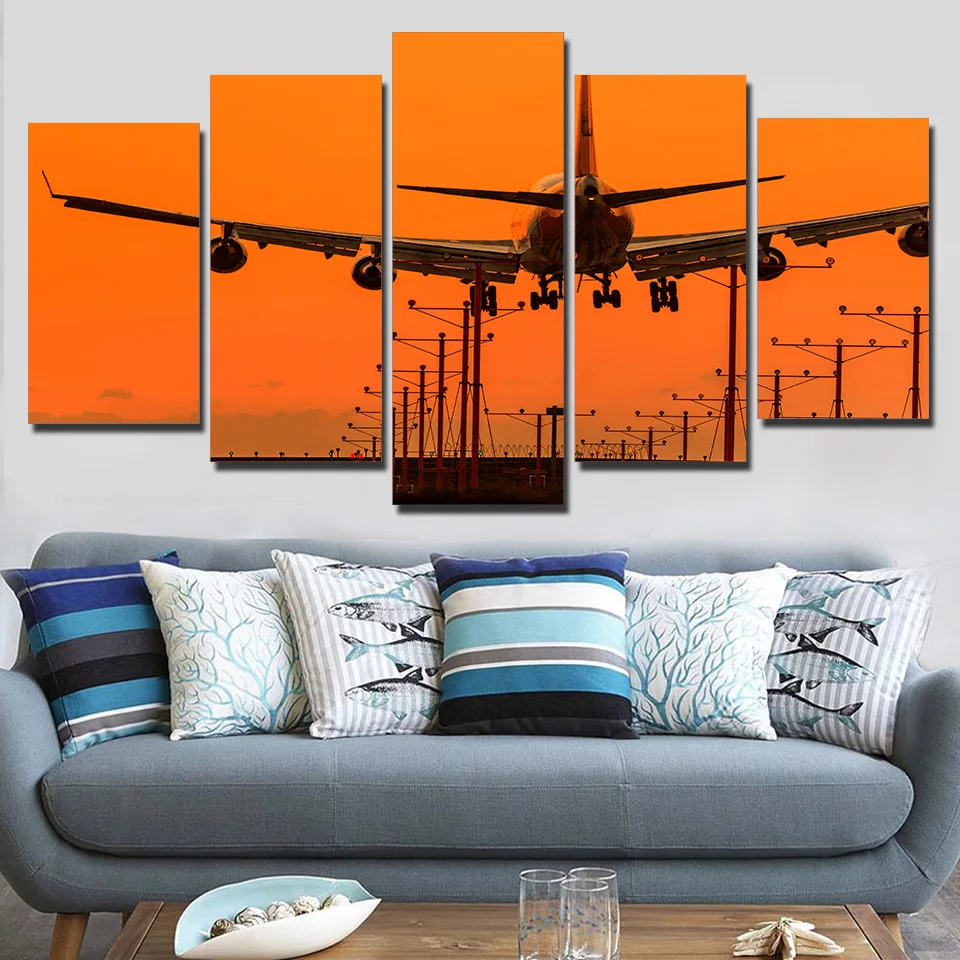 

Canvas HD Printed Pictures Framework Home Decor 5 Pieces Airplane Sunset Landscape Painting Modular Living Room Wall Art Poster