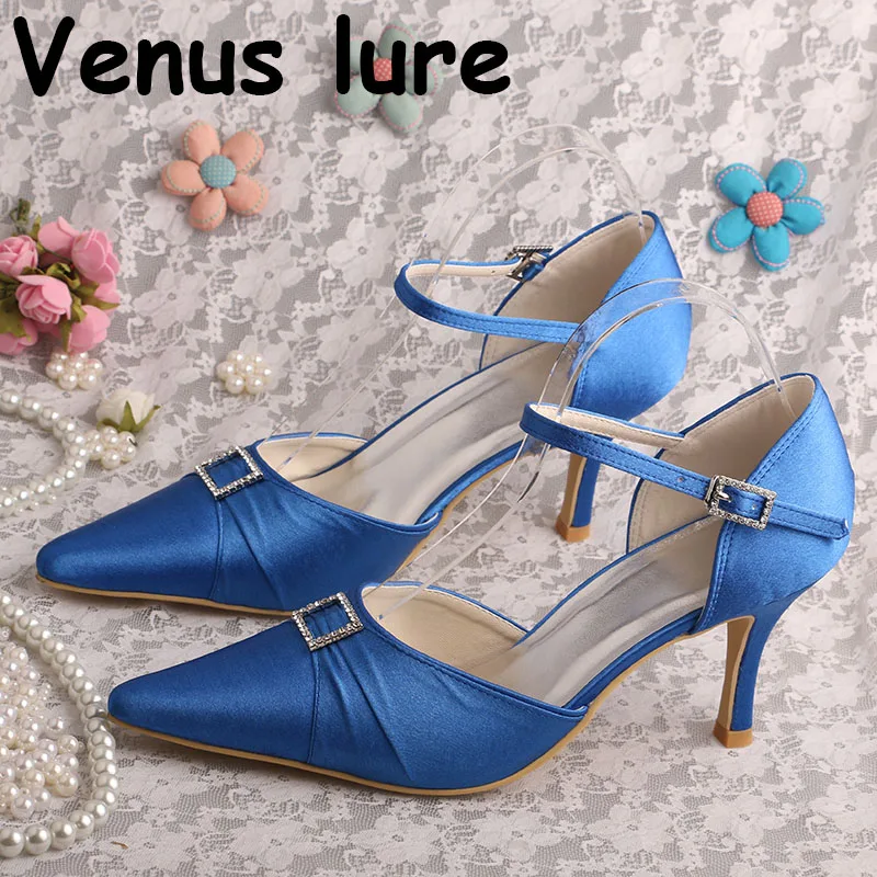 

Custom Handmade Pointed Toe High Heels Women Shoes Blue Satin Size 38