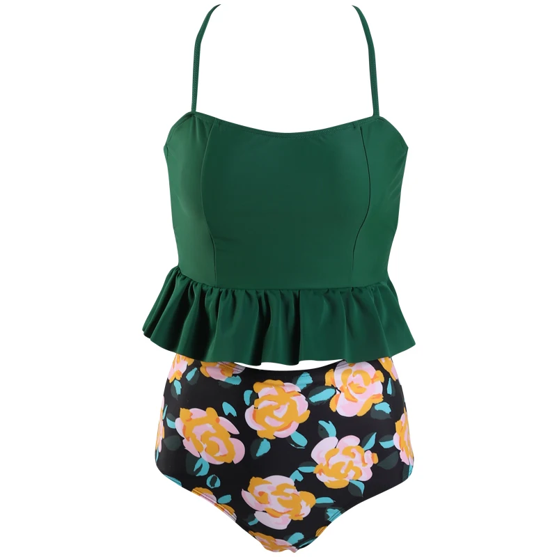 Green Orange flower Милые купальники с цветочным принтом бикини купальный костюм для женщин Купальники Высокая талия ретро танкини купальный костюм Пляжная одежда - Цвет: Green Orange flower