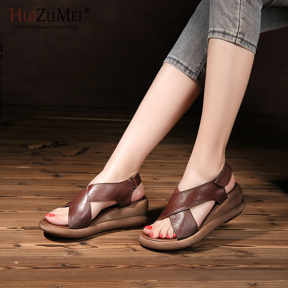 HUIZUMEI Fashion Shoes Women Genuine Leather Hand-made Sandal Summer New Wedges Retro And Stylish Slip-proof For | Обувь