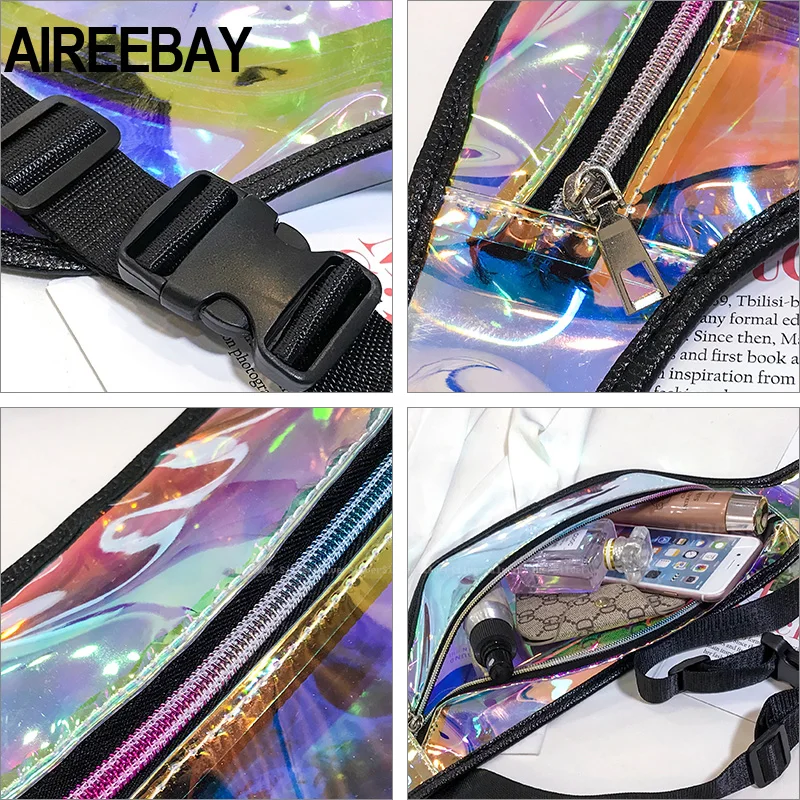 AIREEBAY прозрачная поясная сумка для женщин, прозрачная поясная сумка, голограмма, нагрудные сумки, лазерная большая поясная сумка для модных леди, кошелек для телефона