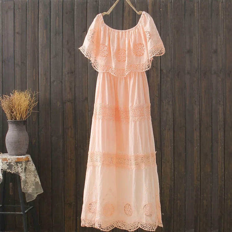 summer fairy Four-color-sweet lace slash neck hollow out patchwork cotton full dress S26882 | Женская одежда