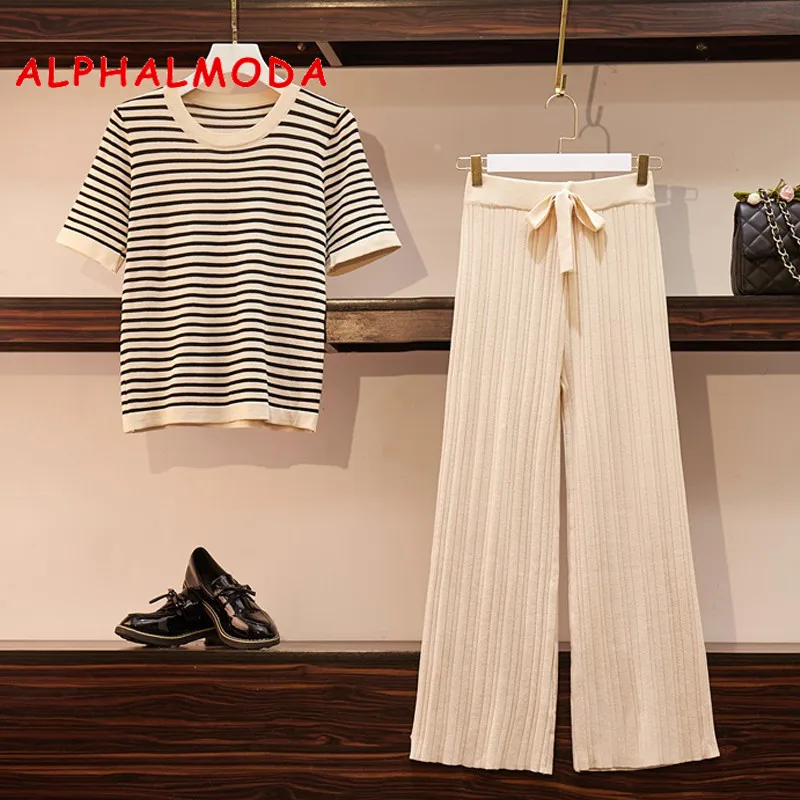 ALPHALMODA Женская Полосатая трикотажная футболка топ + Широкие трикотажные брюки