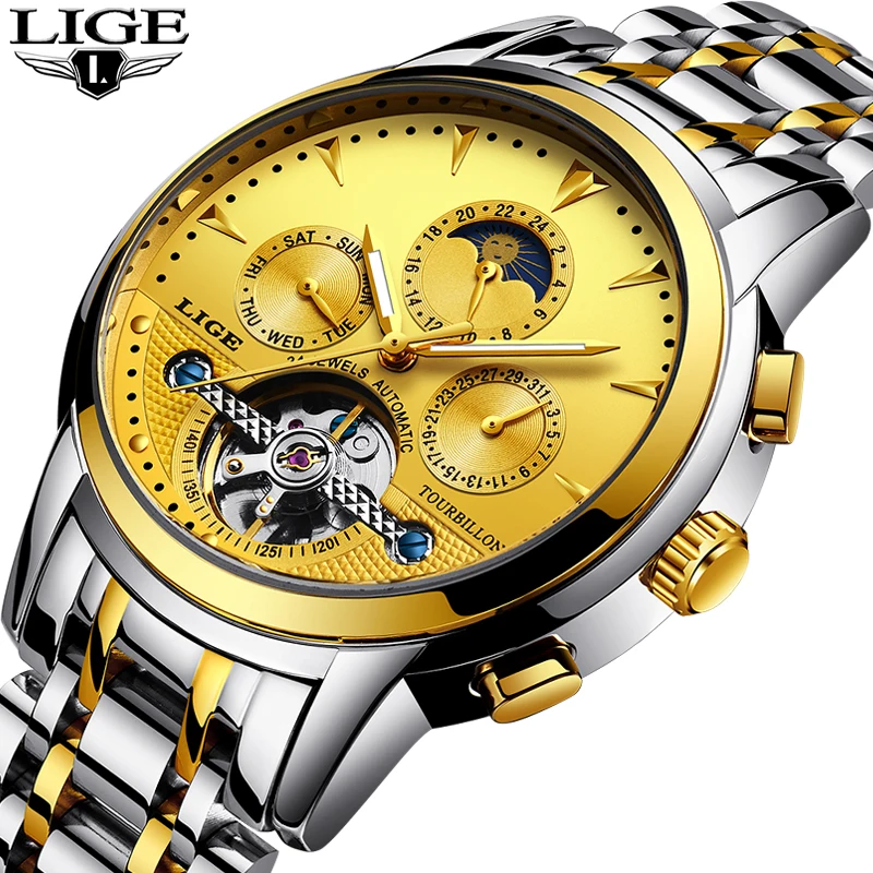 Часы наручные LIGE Мужские автоматические брендовые Роскошные повседневные