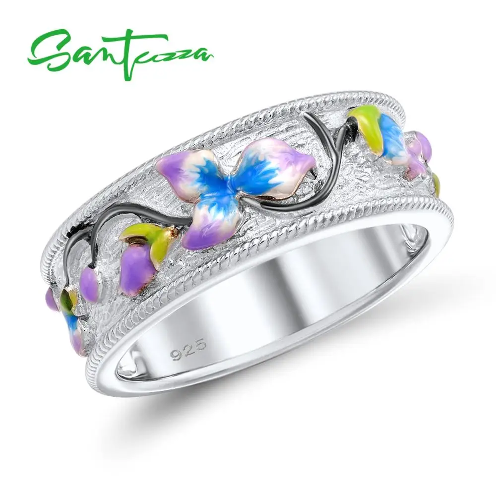 SANTUZZA серебряное кольцо для женщин, 925 пробы, серебро, нежный цветок, белый кубический цирконий, вечерние ювелирные изделия, ручная работа, эмаль