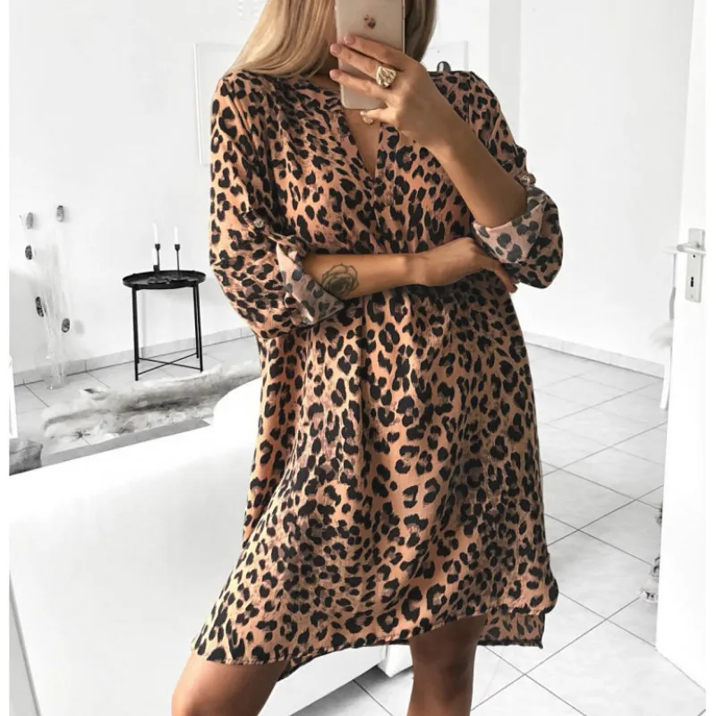 Женский сарафан с леопардовым принтом повседневное асимметричное платье