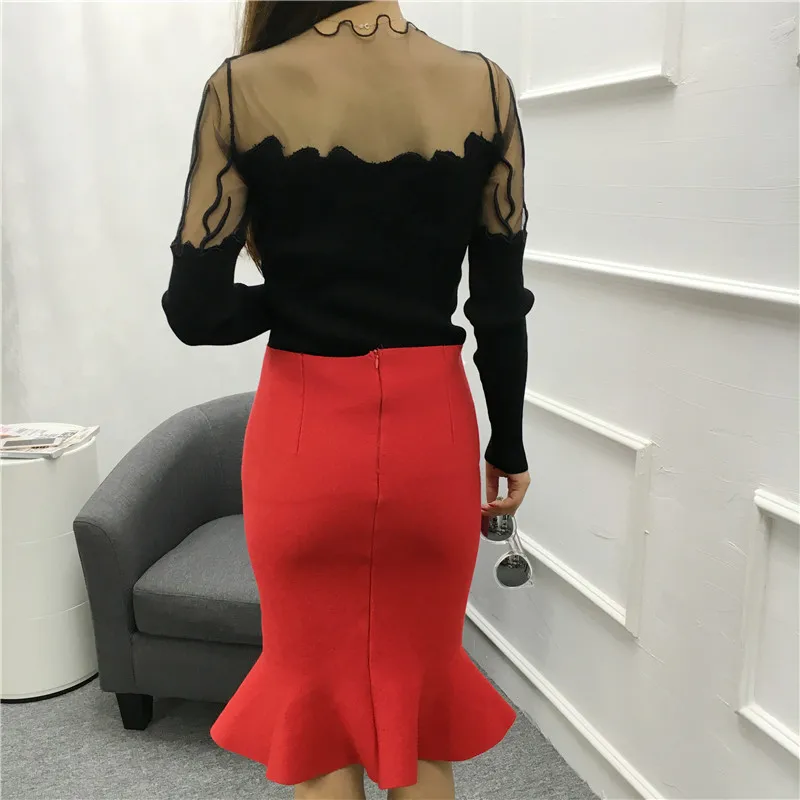 Dingaozlz Sexy Slim long-sleeved Pullovers shirt female Gauze Lace stitching Knitted Sweater Fashion Women sweater | Женская одежда
