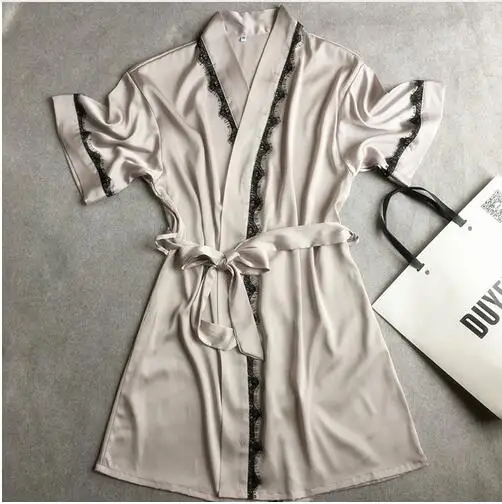 Женское атласное кружевное короткое платье однотонное кимоно банный халат