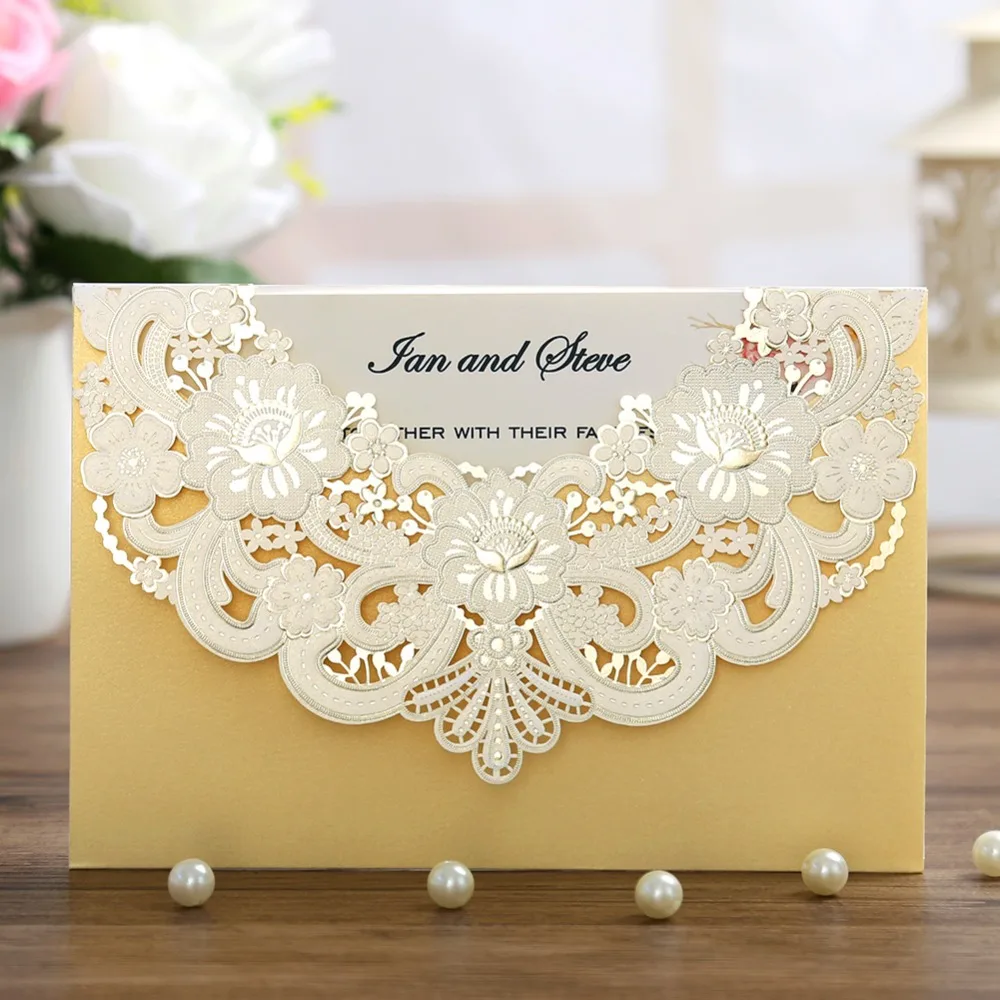 

100pcs Horizontal Gold Laser Cut Wedding Invitation with Hollow Flora Customizable