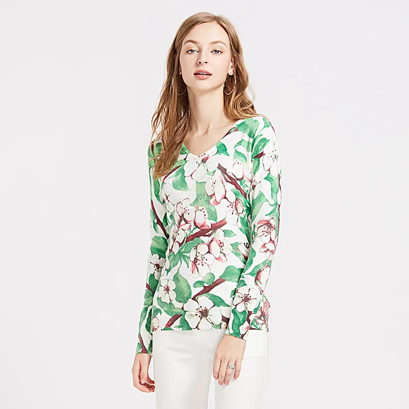 autumn 2018 women sweater pullovers knitted slim flowers print female clothes fashion casual lady jumper long sleeve V-Neck tops | Женская