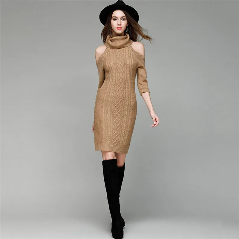 Khaki Трикотажное платье женское, черное, серое, плюс размер, сексуальное платье с воротником под горло, новое осенне-зимнее платье-свитер винно-Красного цвета LD976 - Цвет: Khaki