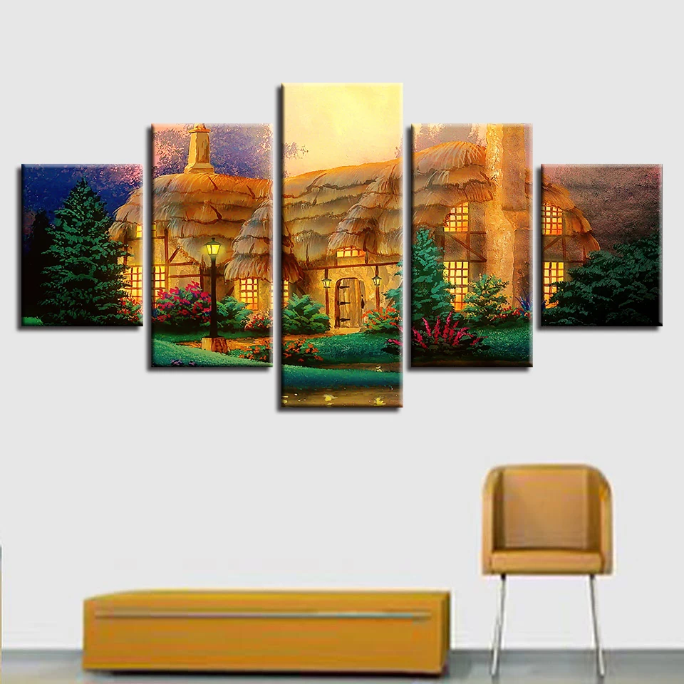 Canvas Painting Poster Wall Art Framework 5 Panel House Of Flowers And Trees Modular Pictures For Living Kids Room Decorative | Дом и сад