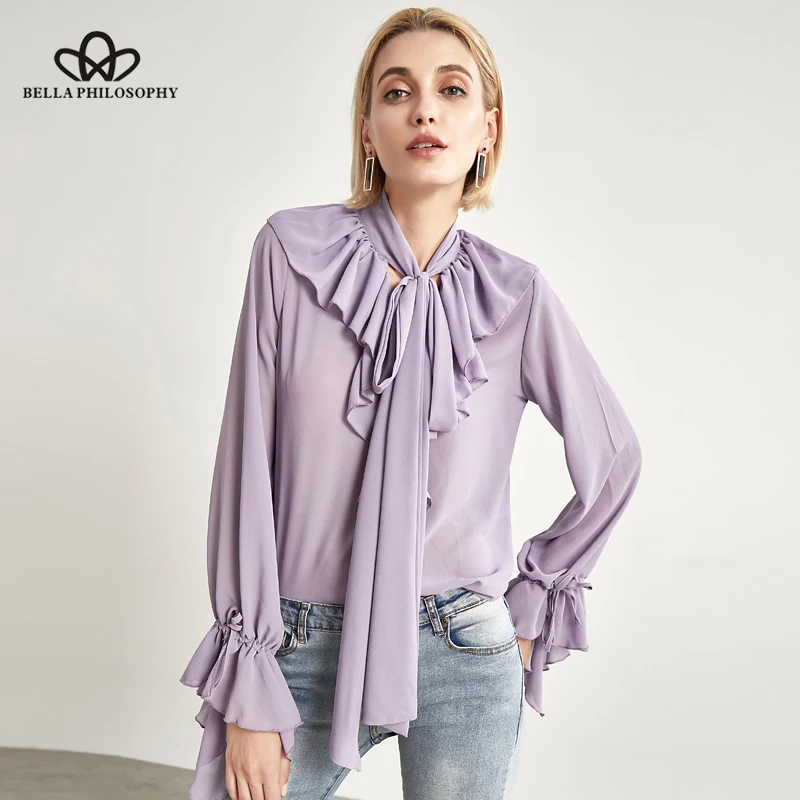 

Bella Philosophy 2019 summer women elegant long sleeve ruffle blouse casual chiffon lantern sleeve vintage ladies shirts tops