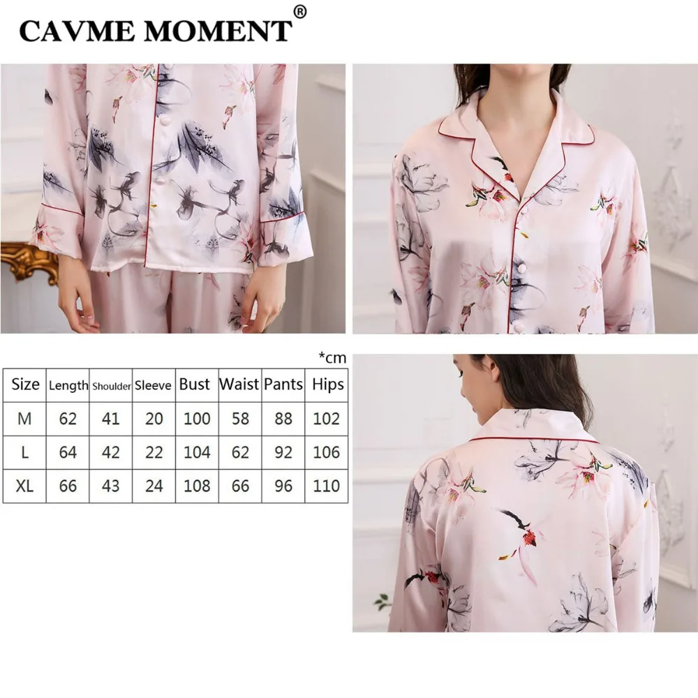 CAVME 2019 Luxury Silk Pajama Sets for Women Elegant Ladies Pyama Set Plus Size Printed Full Sleeve Pants Home Clothes Sleepwear