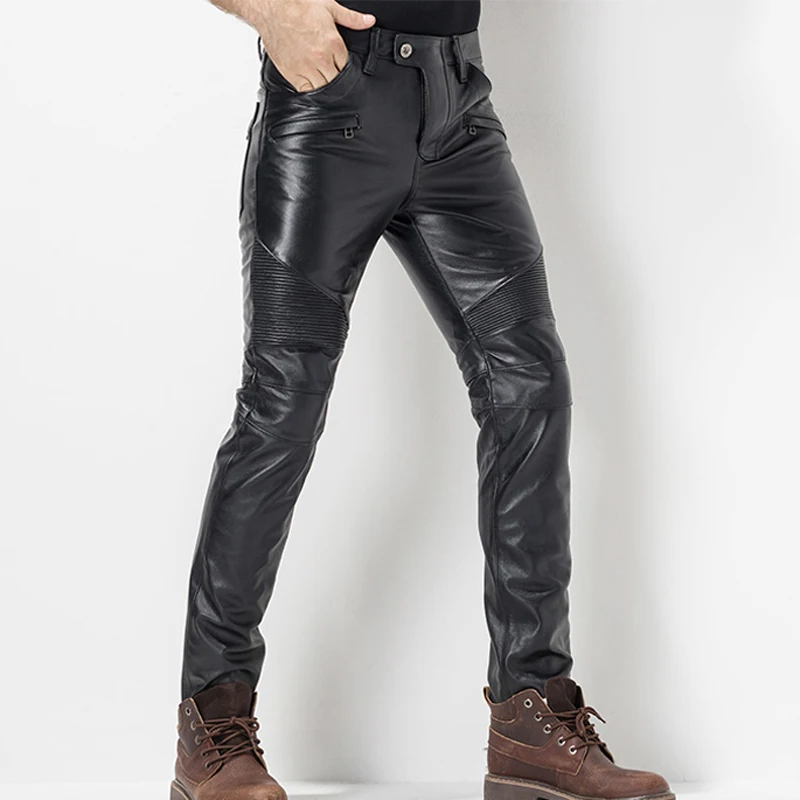 Мужские кожаные брюки облегающие байкерские мотоциклетные в стиле панк рок