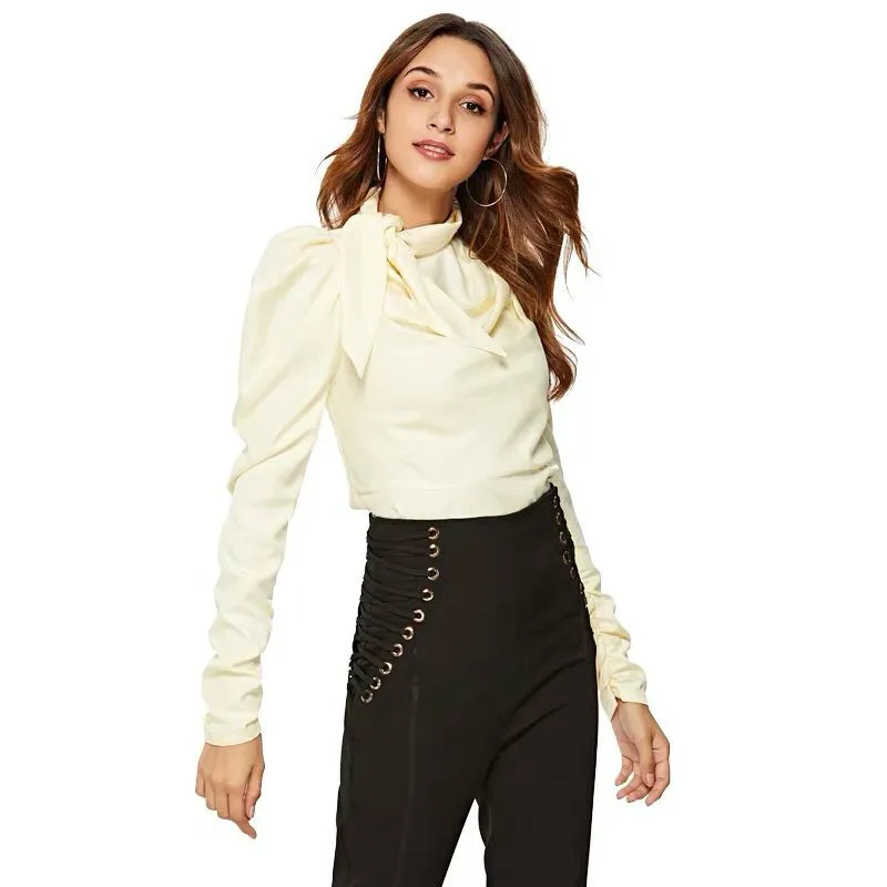 

New Blouse For Women Turtle Neck Bow 2019 Spring Lady's Shirts High Quality Solid Long Puff Sleeves Luxury Designer Slim Tops
