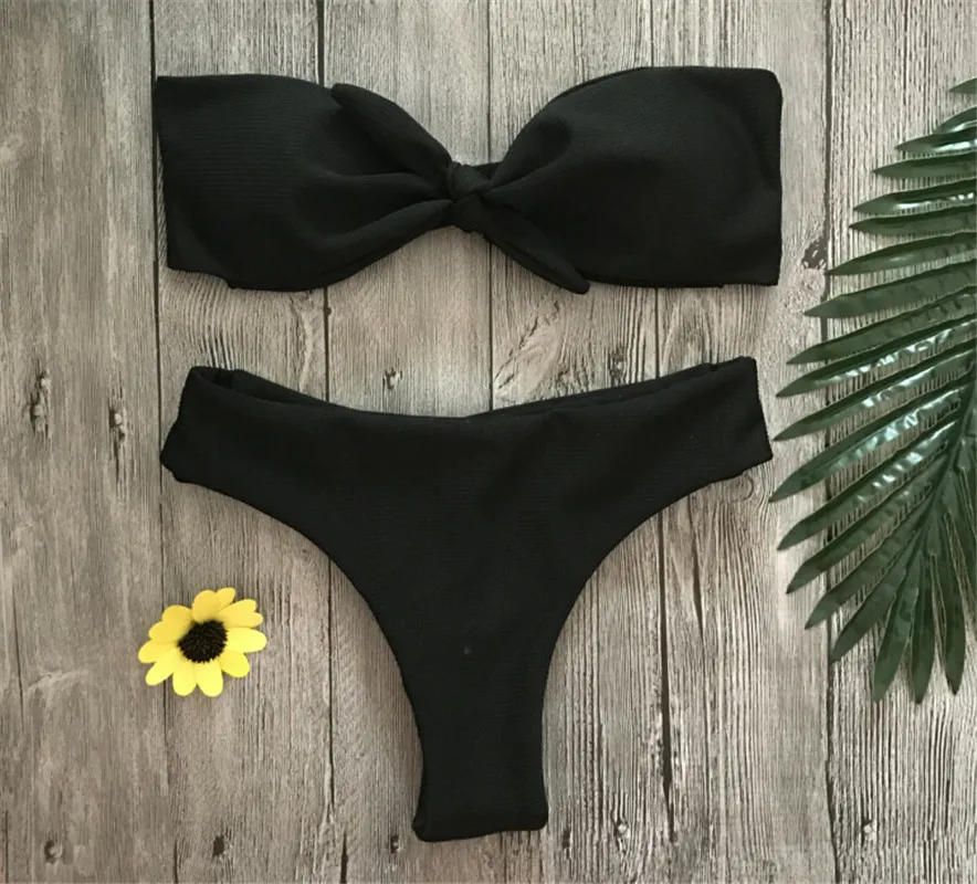 2285Black Хит, бикини, грудь, купальные костюмы с узелками, Одноцветный комплект бикини, высокая талия, купальный костюм, пуш-ап, купальник для женщин, купальник - Цвет: 2285Black
