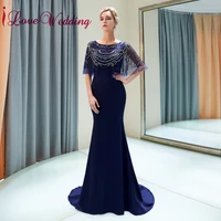 ilovewedding luxury jewel collar hard beadings mermaid navy blue short sleeves formal long evening dresses real photo