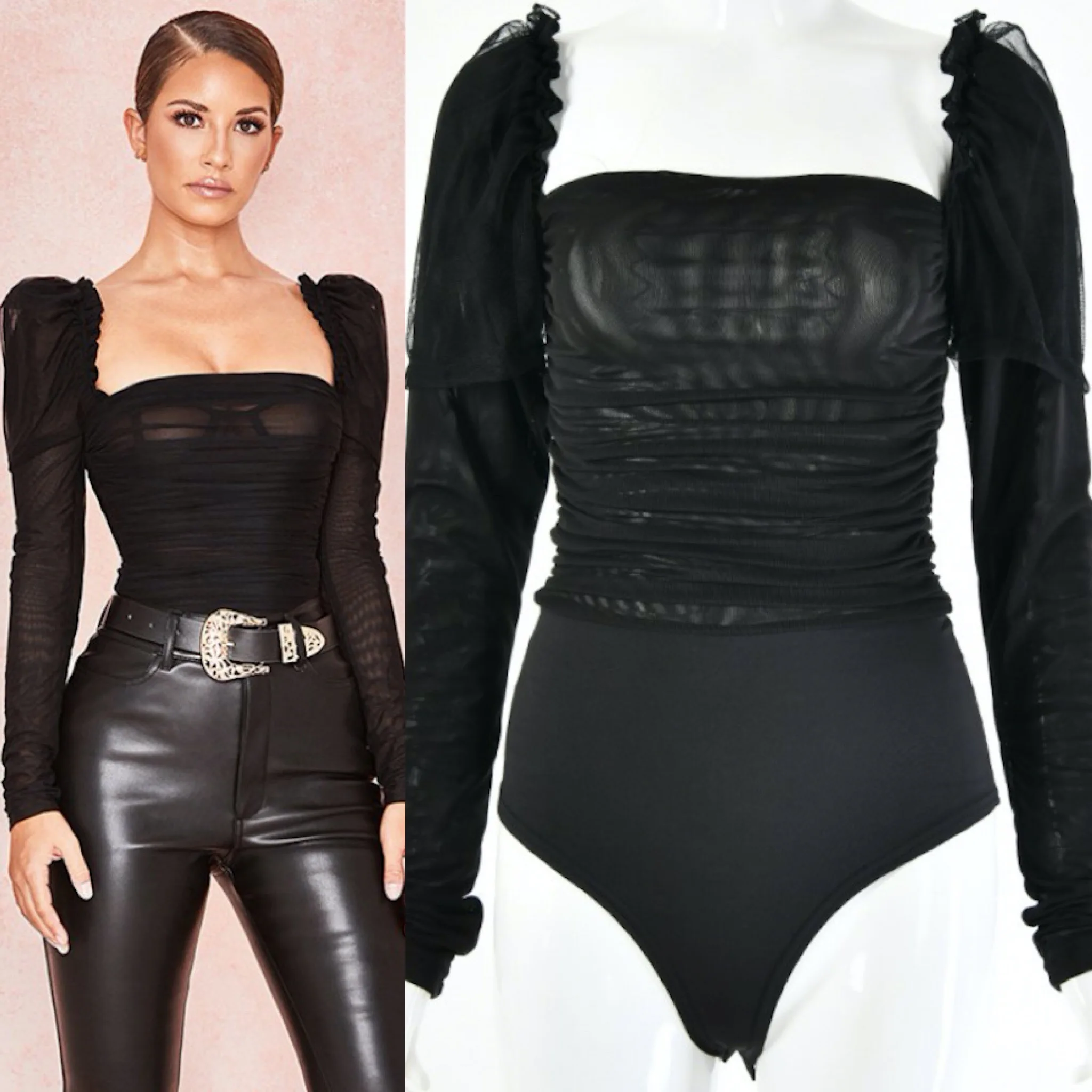 Женский комбинезон с квадратным воротником черный прозрачный сетчатый