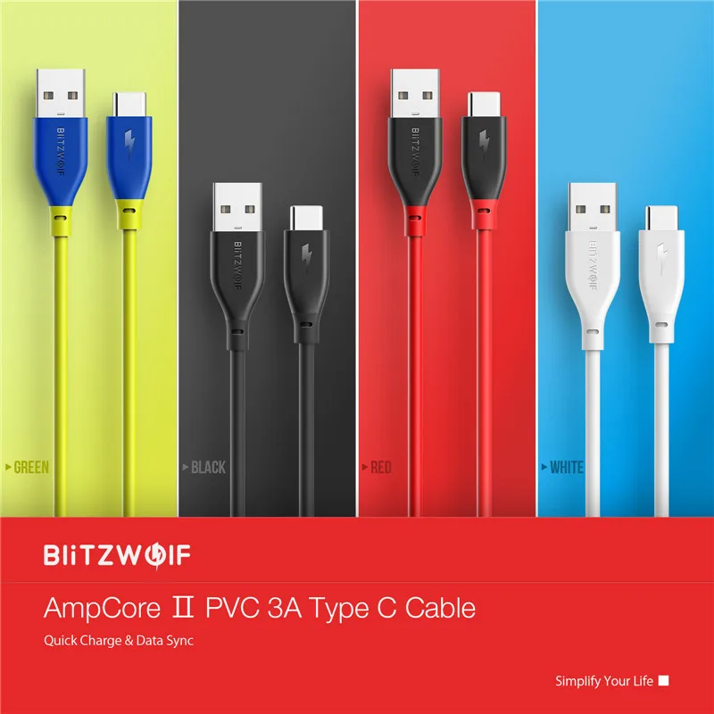BlitzWolf usb type-C кабель 3A Быстрая зарядка type C кабель для передачи данных AmpCore 1 м 30 см кабели для мобильных телефонов для смартфонов Xiaomi 6