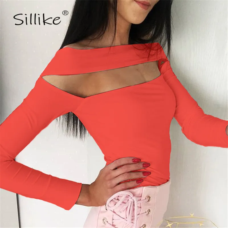 SILLIKE флуоресцентный полый сексуальный боди для женщин Slash шеи длинный рукав