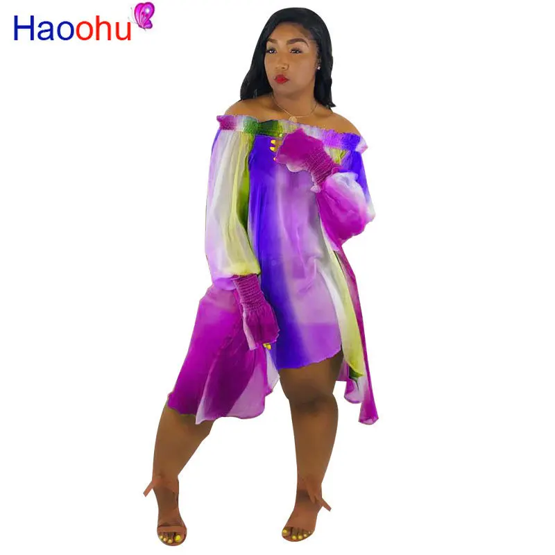 

HAOOHU Rainbow Striped Mesh Patchwork Loose Asymmetrical Women's Clothin Summer High Street Slash Neck Off The Shoulder Vestidos