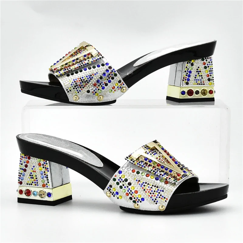 Latest Italian Women Sandals Shoe for Party African Wedding Low Heels Slip on Pumps High Quality with Stone | Обувь