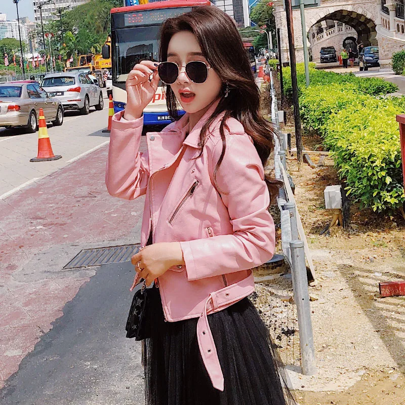 

Female 2019 New Design Spring Autumn PU Leather Jacket Faux Soft Leather Coat Slim Black Rivet Zipper Motorcycle Pink Jackets
