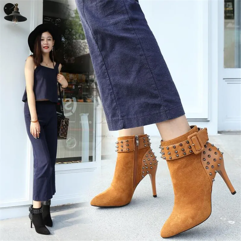 Женские ботинки сезон осень зима ботильоны на высоком каблуке с заклепками и
