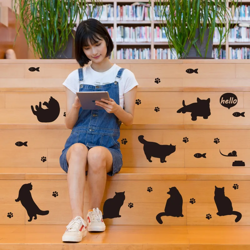 Мультяшная Милая Черная кошка Настенная Наклейка для домашнего декора Детская