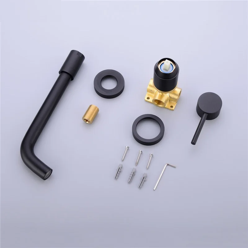 MTTUZK Simple Style Matte Black Brass Wall Mounted Basin Faucet Single Handle Mixer Taps Hot and Cold Split | Обустройство дома