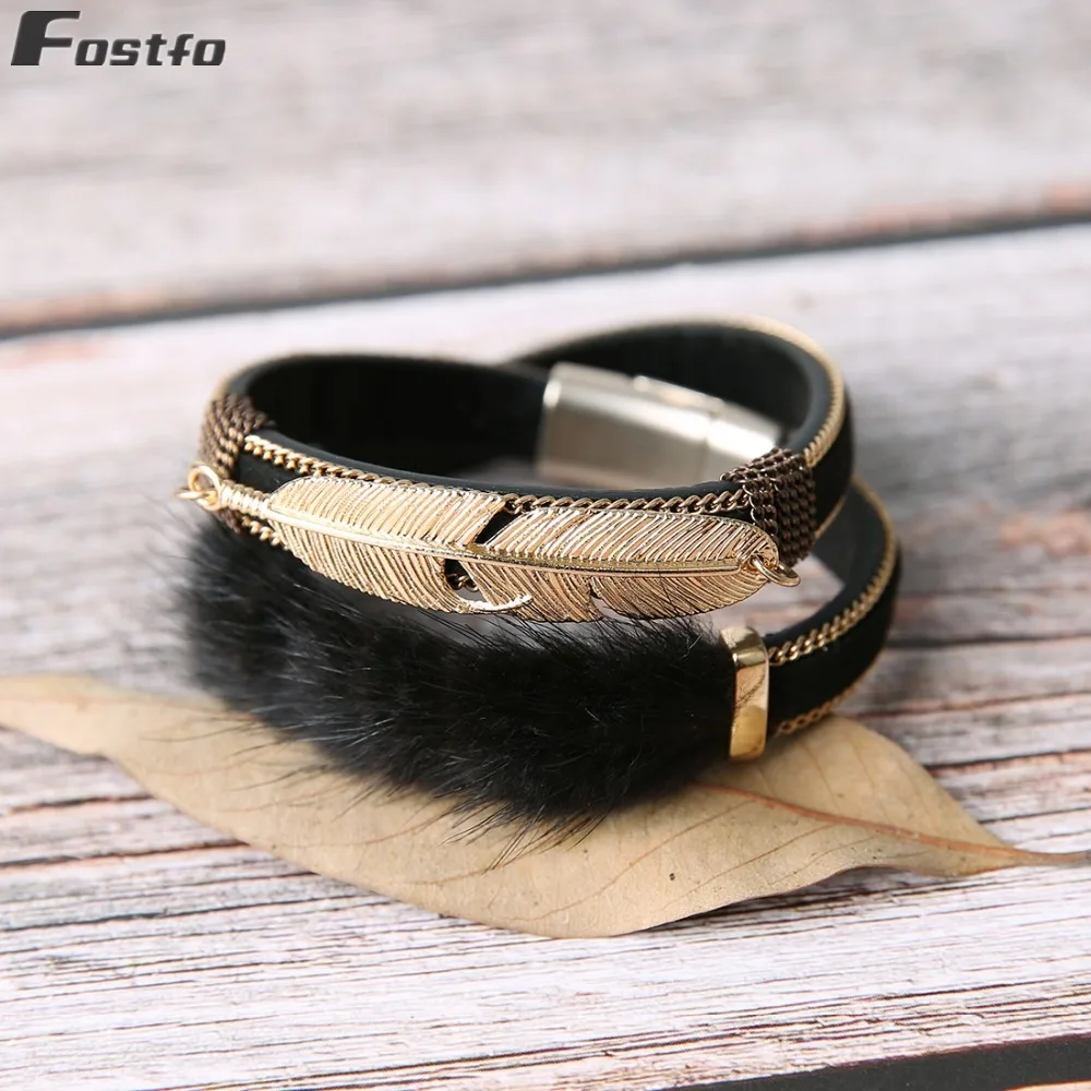 Fostfo 39cm Metal Feather Leather Lady Bracelets Magnetic Buckle Bracelet for Women Bangles Fashion Jewelry | Украшения и