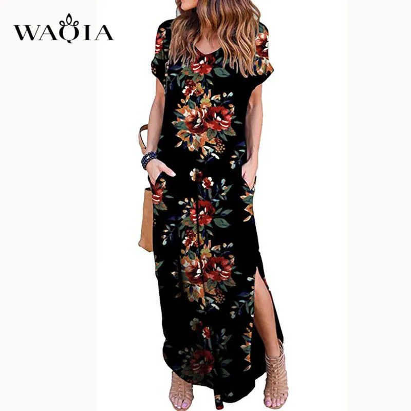WAQIA 2019 женское летнее платье с цветочным принтом повседневное длинное коротким
