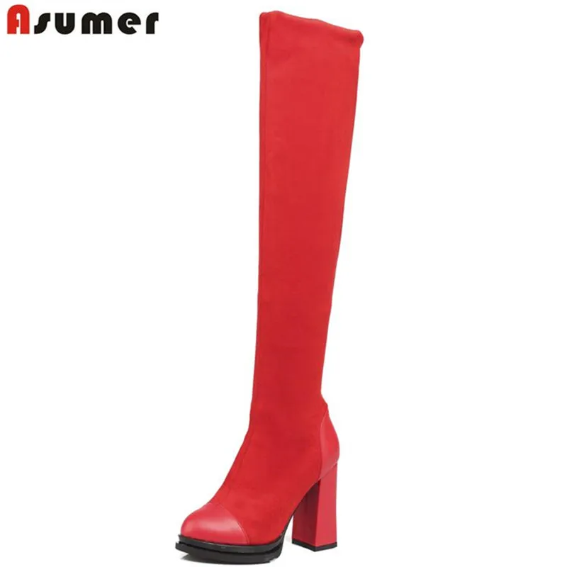 

ASUMER High quality low price women over the knee boots new arrival pointed toe high square heels solid nubuck flock leather