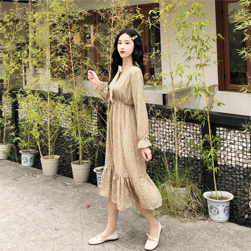 Hzirip 2018 Women Dress Summer Casual Floral Print Chiffon Dresses Ladies Long Lantern Sleeve V-Neck Bow Mid-Calf Vestidos |