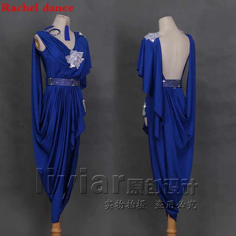 

2018 Custom-made luxury Sexy Women Latin Dance Dress Sexy Sleeveless blue diamond Latin Cha-Cha Standard Costumes Dance Dress
