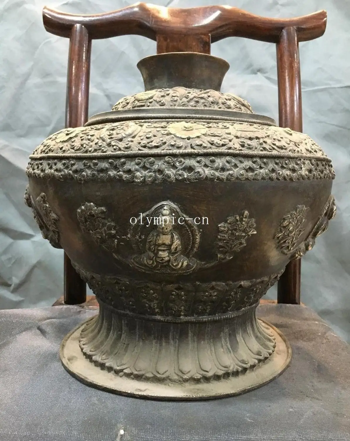

11''bronze Мельхиор резные восемь благоприятный символы Буддизм Будды кувшин, ваза