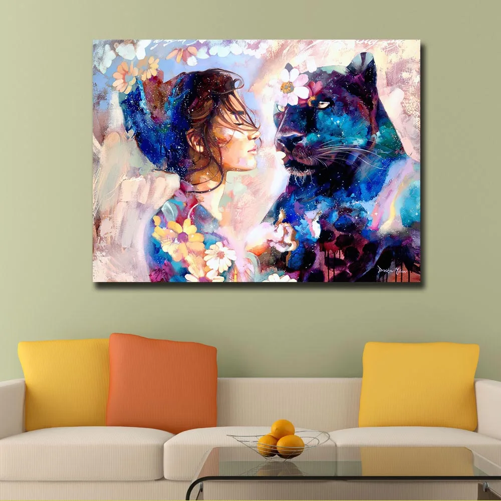 

Fashion Wall Pictures for Living Room Abstract Pop Girl with Black Cheetah Canvas Art Home Decor Modern No Framed Oil Painting