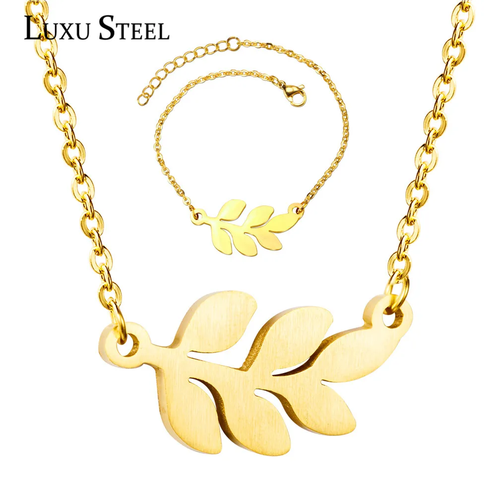 Наборы браслетов и ожерелий LUXUSTEEL золотого цвета в форме листьев Женские