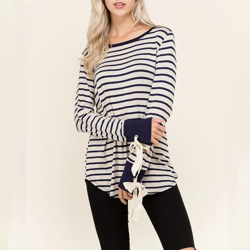 Женские Модные Футболки для женщин 2017 хлопок футболка в полоску с длинными