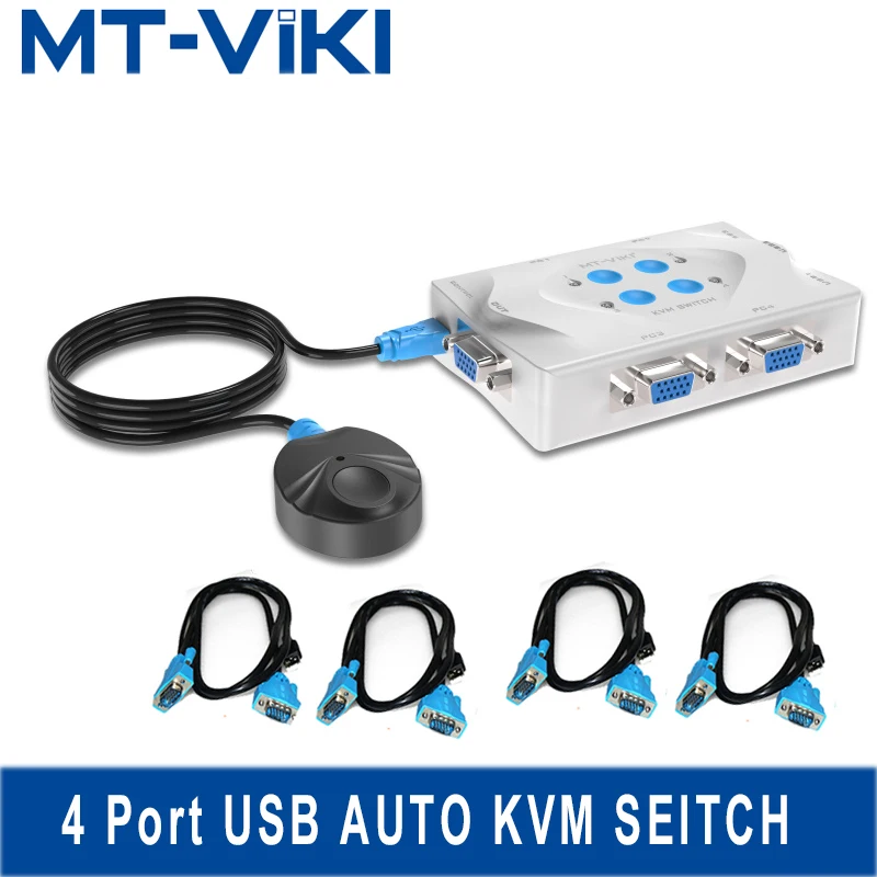 MT-Viki Smart Kvm Switch VGA Selector 4 Port Hotkey Wired Remote Controller Select Auto Scan 1920x1440 send Cables MT-401KL
